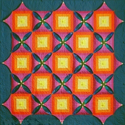 Quilt Pattern With Buttoned Flaps opened flaps to show flower