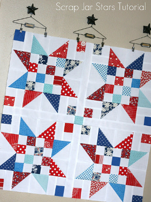 scrap star quilt red blue and white