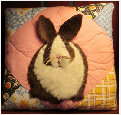 bunny rabbit throw pillow vintage quilt pattern pink