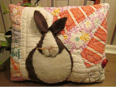 bunny rabbit throw pillow vintage quilt