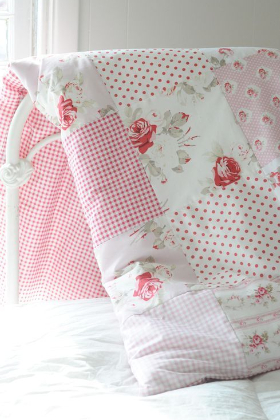 four patch quilt floral fabric roses and polka dots