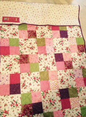 four patch quilt pink and green floral fabric