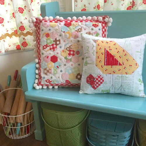 Sew Hexie throw pillow and baby chick pillow