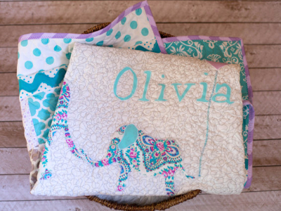 elephant babys quilt with babys name on