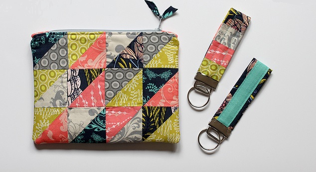 half square triangle pouch and matching key fob