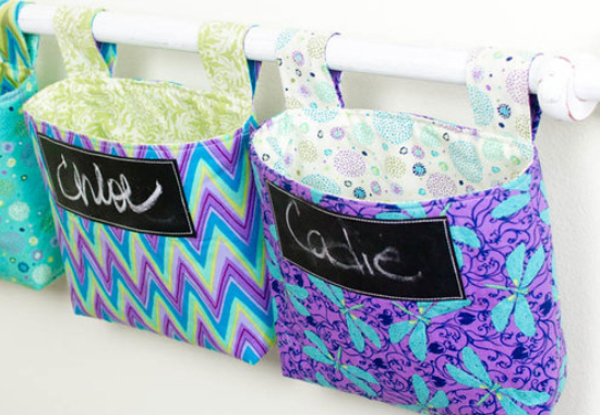 hanging storage basket with chalkboard fabric labels