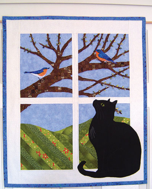 Cat in The Window with birds in the tree wall quilt spring