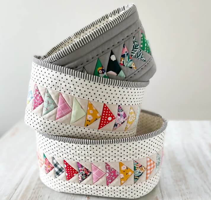 Flying Geese fabric basket trio pattern