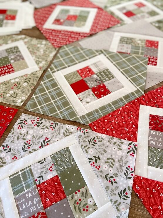 9 patch pivot quilt pattern Christmas fabric