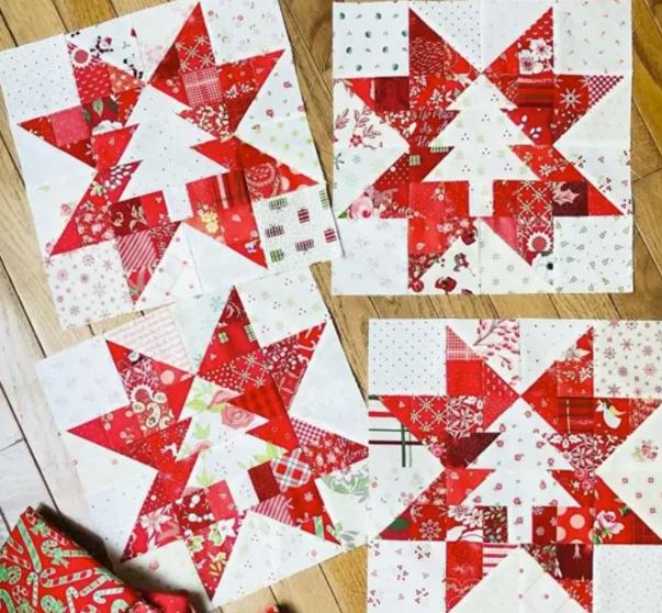 Christmas tree star blocks in red Christmas print